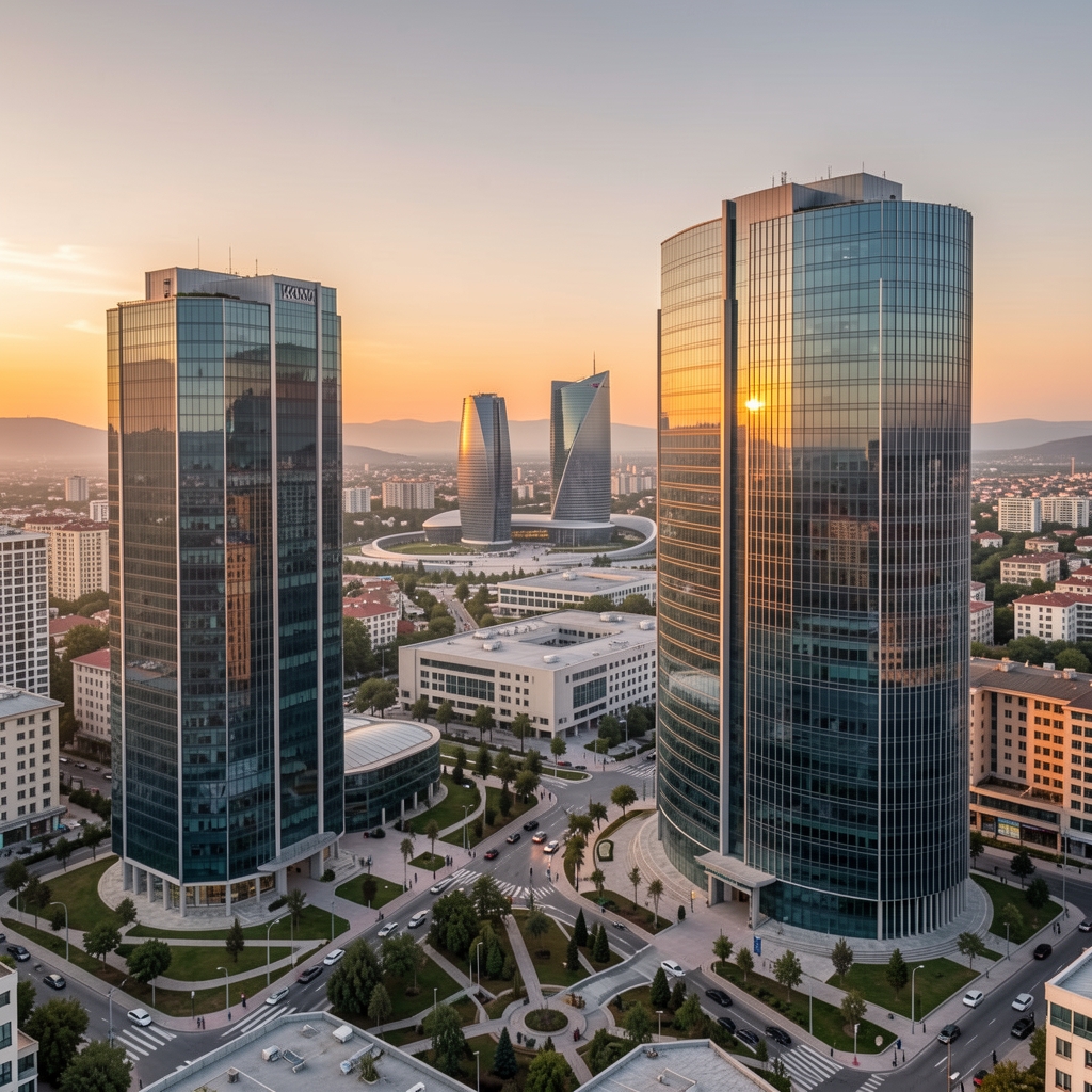 Modern bir şehirde yüksek katlı ofis binaları ve finansal bölge manzarası, gün batımı ışığıyla — Ankara finansal araştırma merkezi arka planı